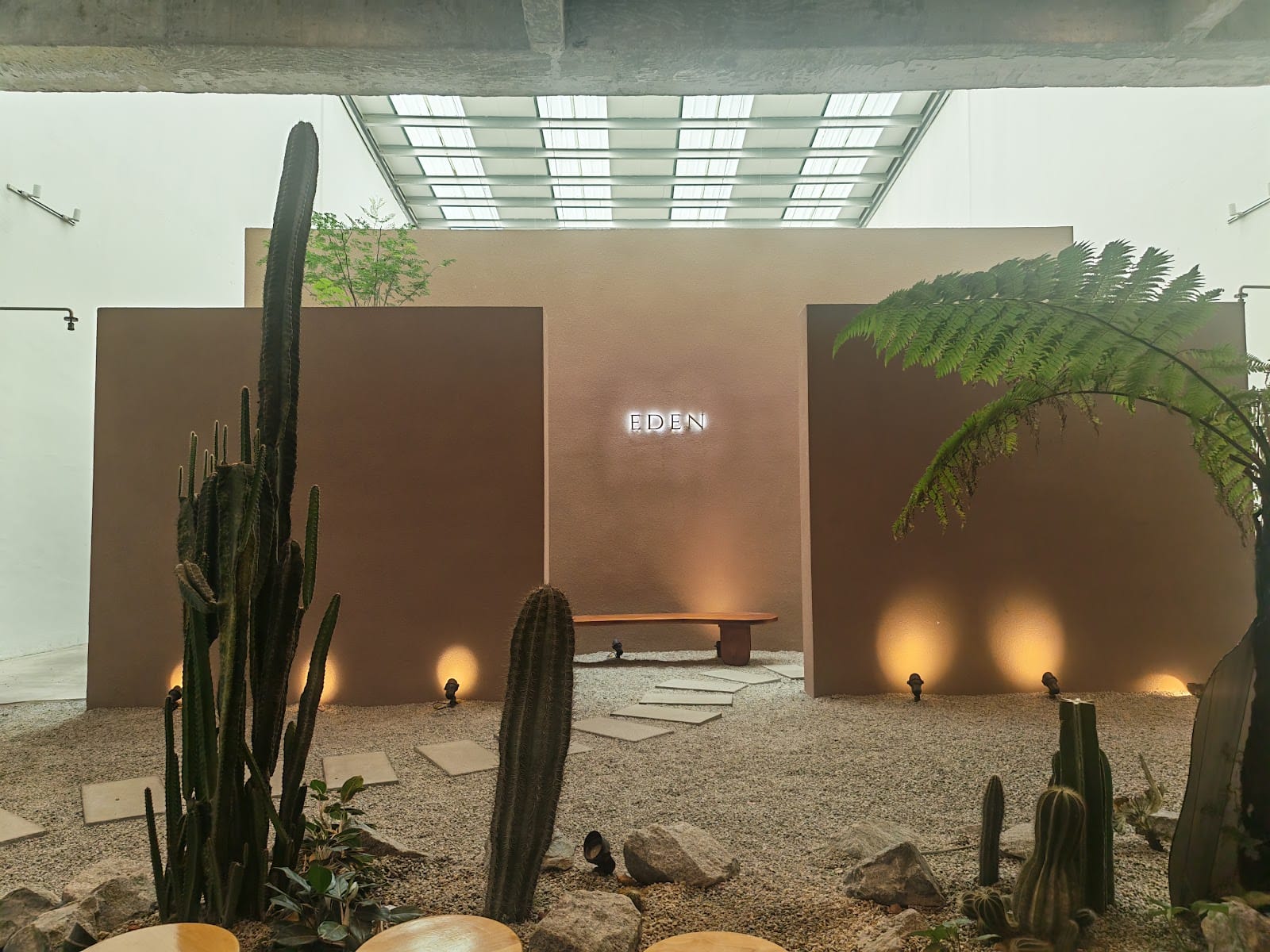 Tall cacti and rocks in a gravel courtyard beneath a skylight, with the EDEN sign lit on the wall