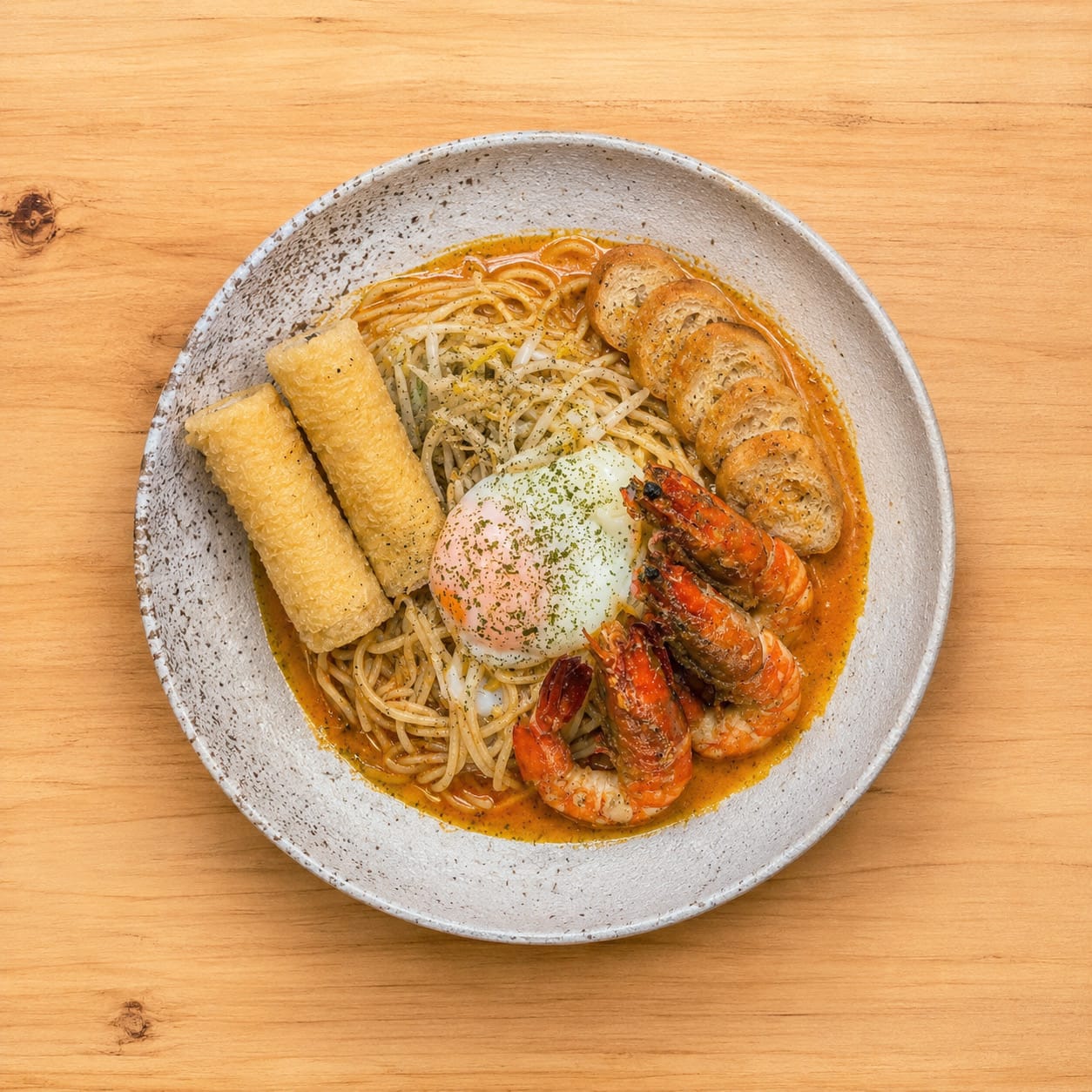 Prawn Curry Laksa Spaghettini with tiger prawns, beancurd skin rolls and an onsen egg, seen from above